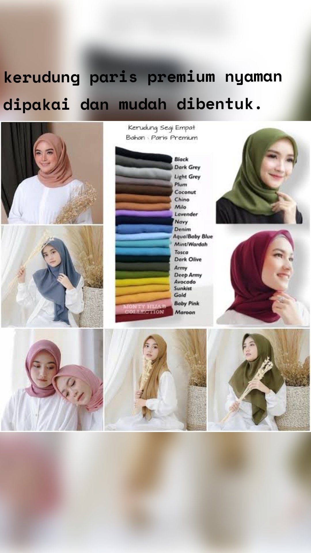 kerudung paris premium nyaman dipakai dan mudah dibentuk.